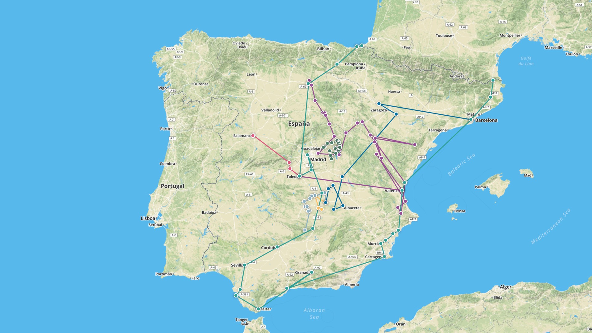 Mapa que visualiza diferentes rutas por españa en en literatura